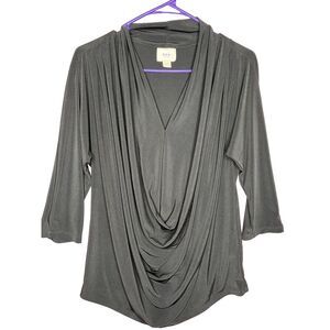 Draped Neck Black Blouse Elegant Office Professional Top 3/4 Sleeves Medium‎